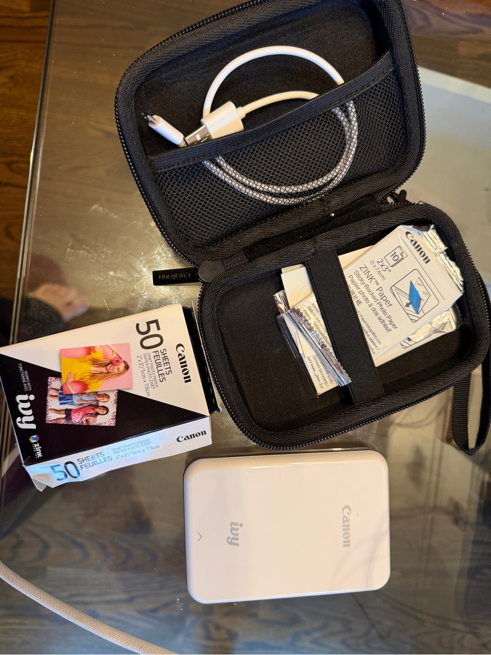 Canon Ivy Mini Photo Printer in White with paper and ca